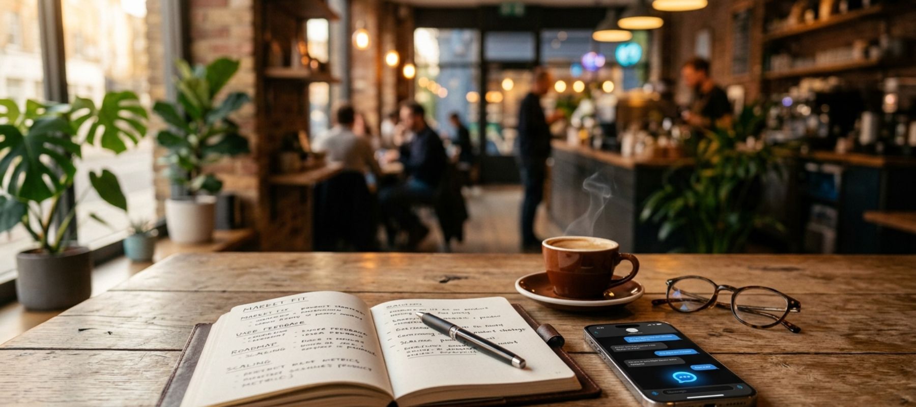 Smartphone and leather notebook on a coffee shop table at golden hour, showing a merchant researching how to sell on ChatGPT with ShShopify — operator's guide strategy session.