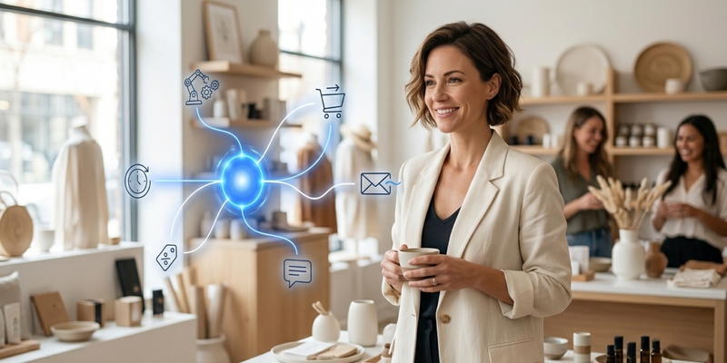 AI agent handling shopping cart, email, customer chat, pricing, and scheduling tasks while a relaxed online store owner runs her boutique