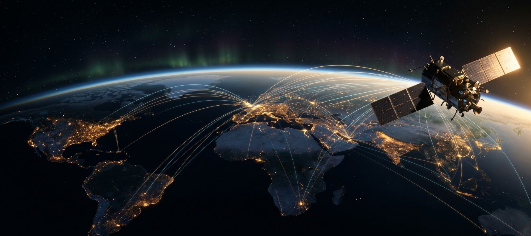Satellite beaming gold data streams to glowing city clusters worldwide — Anthropic's SpaceX Colossus 1 deal connecting Claude's global users.