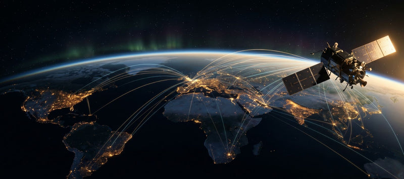 Satellite beaming gold data streams to glowing city clusters worldwide — Anthropic's SpaceX Colossus 1 deal connecting Claude's global users.