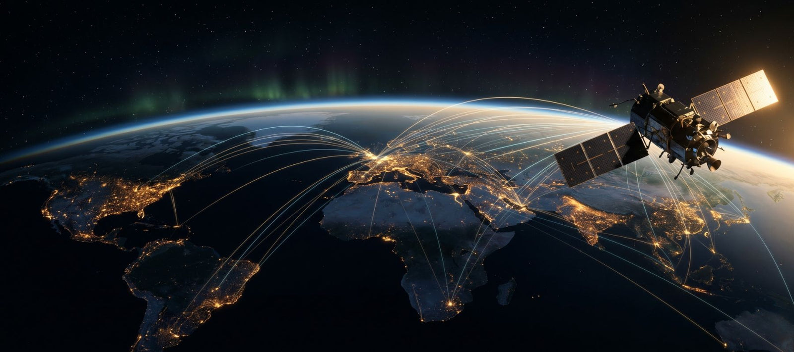 Satellite beaming gold data streams to glowing city clusters worldwide — Anthropic's SpaceX Colossus 1 deal connecting Claude's global users.