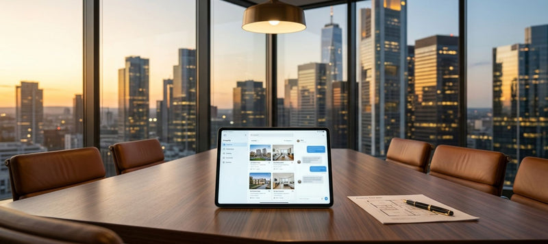 Empty premium brokerage office at dusk with a tablet glowing on the conference table — Nexus AI agent by JFKAISLAY working after hours