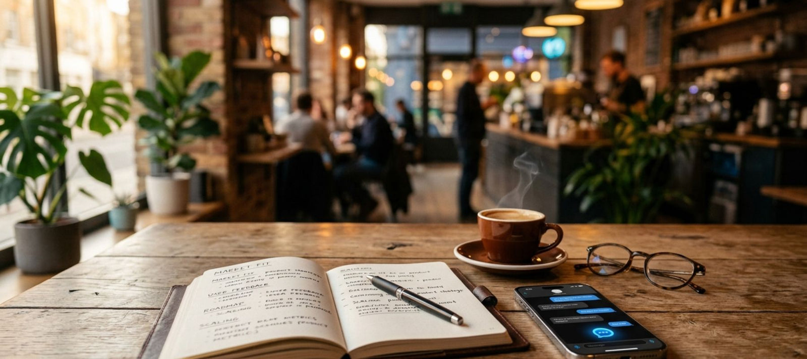 Smartphone and leather notebook on a coffee shop table at golden hour, showing a merchant researching how to sell on ChatGPT with ShShopify — operator's guide strategy session.