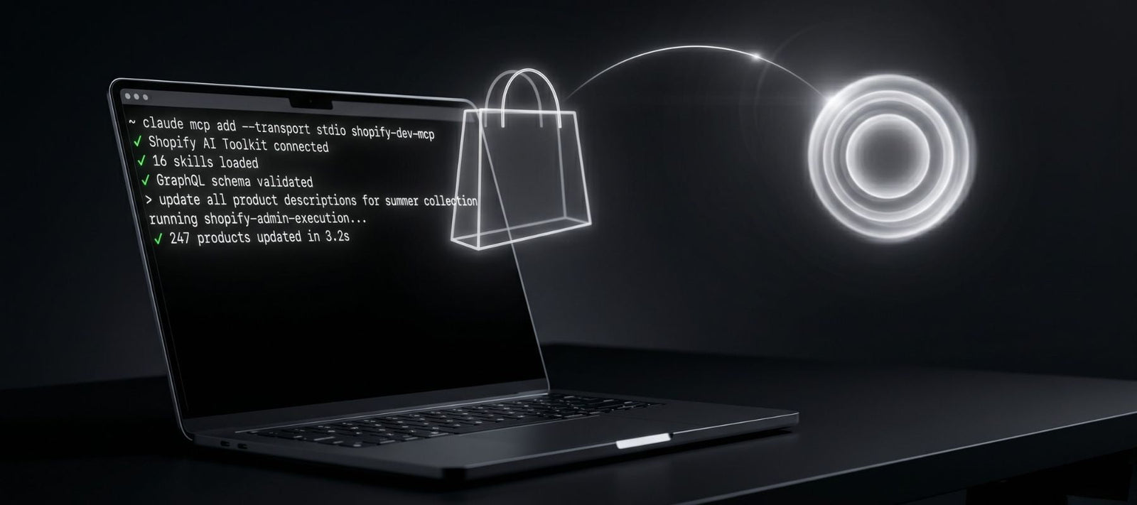 Shopify AI Toolkit hero banner — laptop terminal running Claude Code with Shopify integration, abstract AI agent orb executing natural language store management commands, monochrome editorial illustration for JFKAISLAY April 2026 blog post