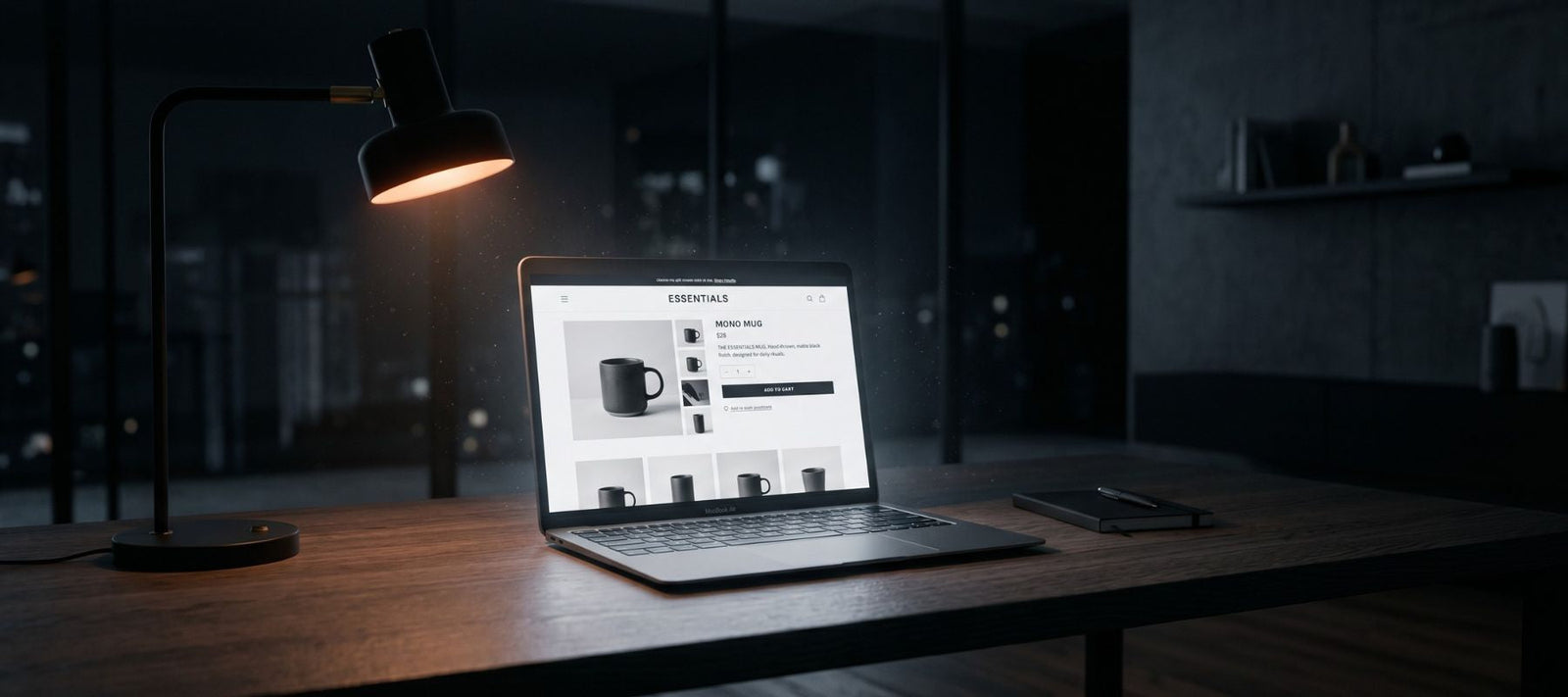 Polished Shopify product page glowing on a laptop in a dark, empty office at night, illustrating perfect on-site optimization with no AI shopping visibility.
