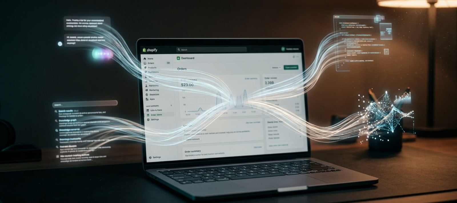 Shopify admin dashboard on a laptop with holographic light flows branching outward — Shopify agentic storefront setup and optimization for ChatGPT, Copilot, Google AI Mode, and Gemini.