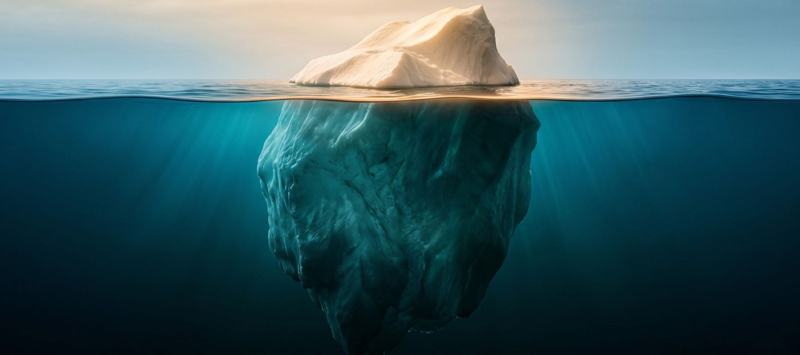 Iceberg above and below the waterline — a metaphor for Shopify Horizons: the visible features versus the hidden agentic commerce infrastructure most merchants missed.