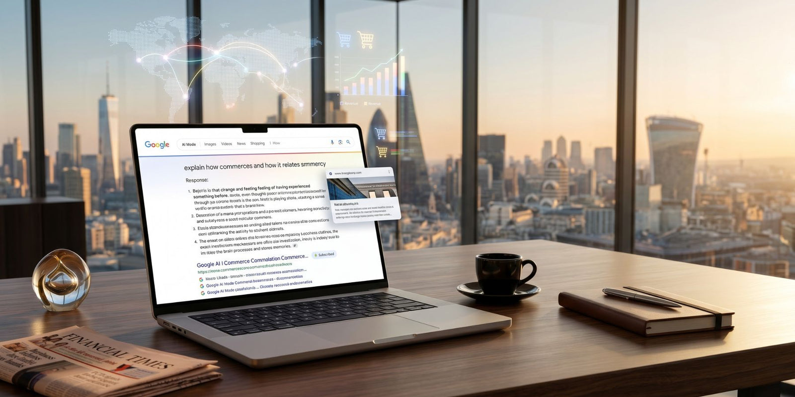 Google AI Search May 6 2026 update shown on laptop in international corporate office, inline citations and Subscribed badge for Shopify Agentic Storefronts visibility