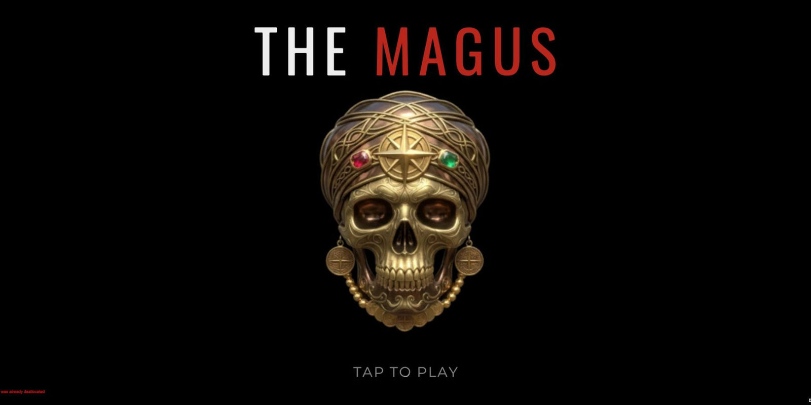 The Magus title screen by JFK Løvlien: a gold pirate skull in a jewelled turban on black with Tap to Play, the opening screen of the iPhone game built in Unity.