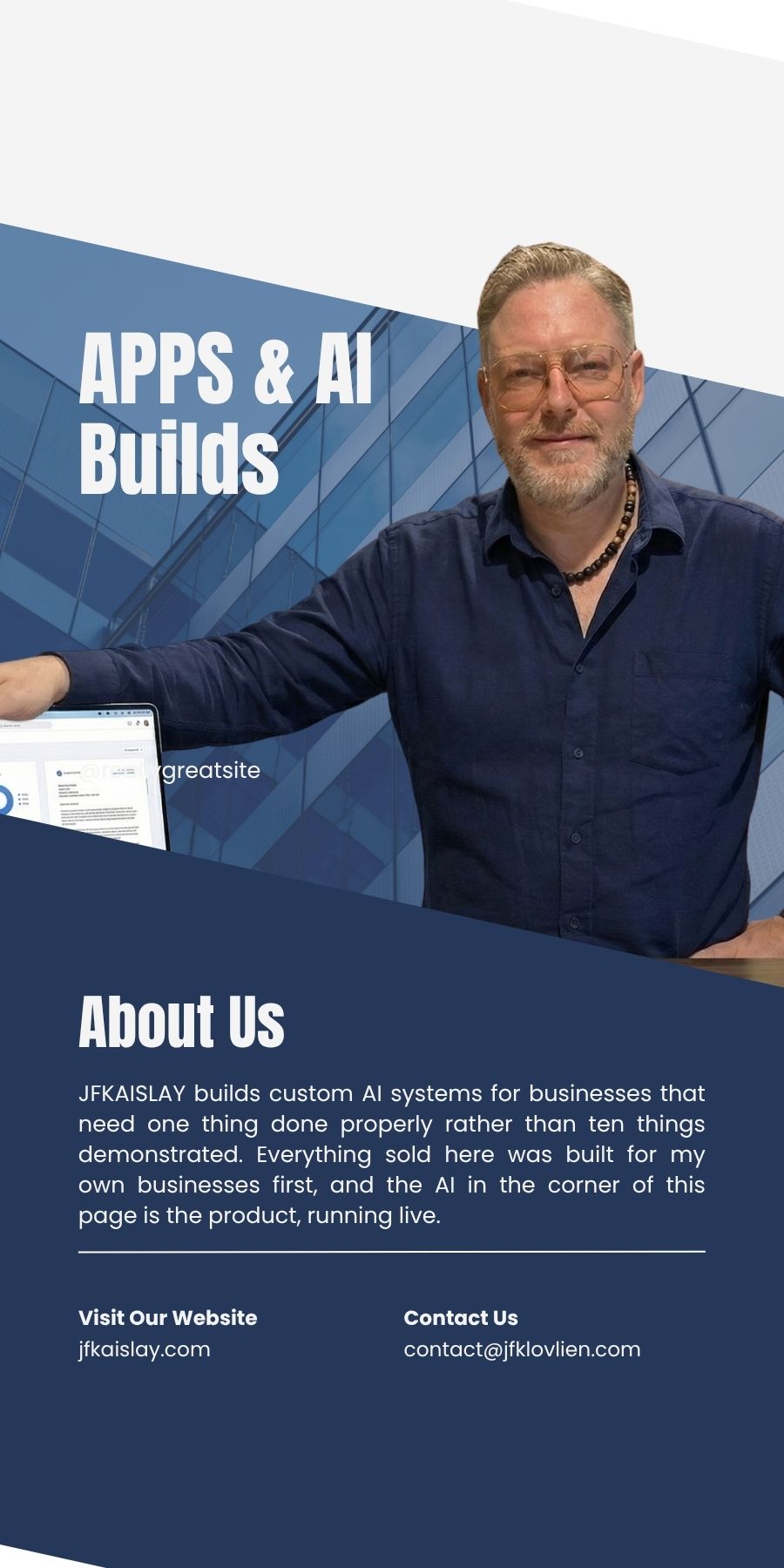 About JFKAISLAY: JFK Løvlien builds custom AI systems, iPhone games and Shopify apps solo with Claude