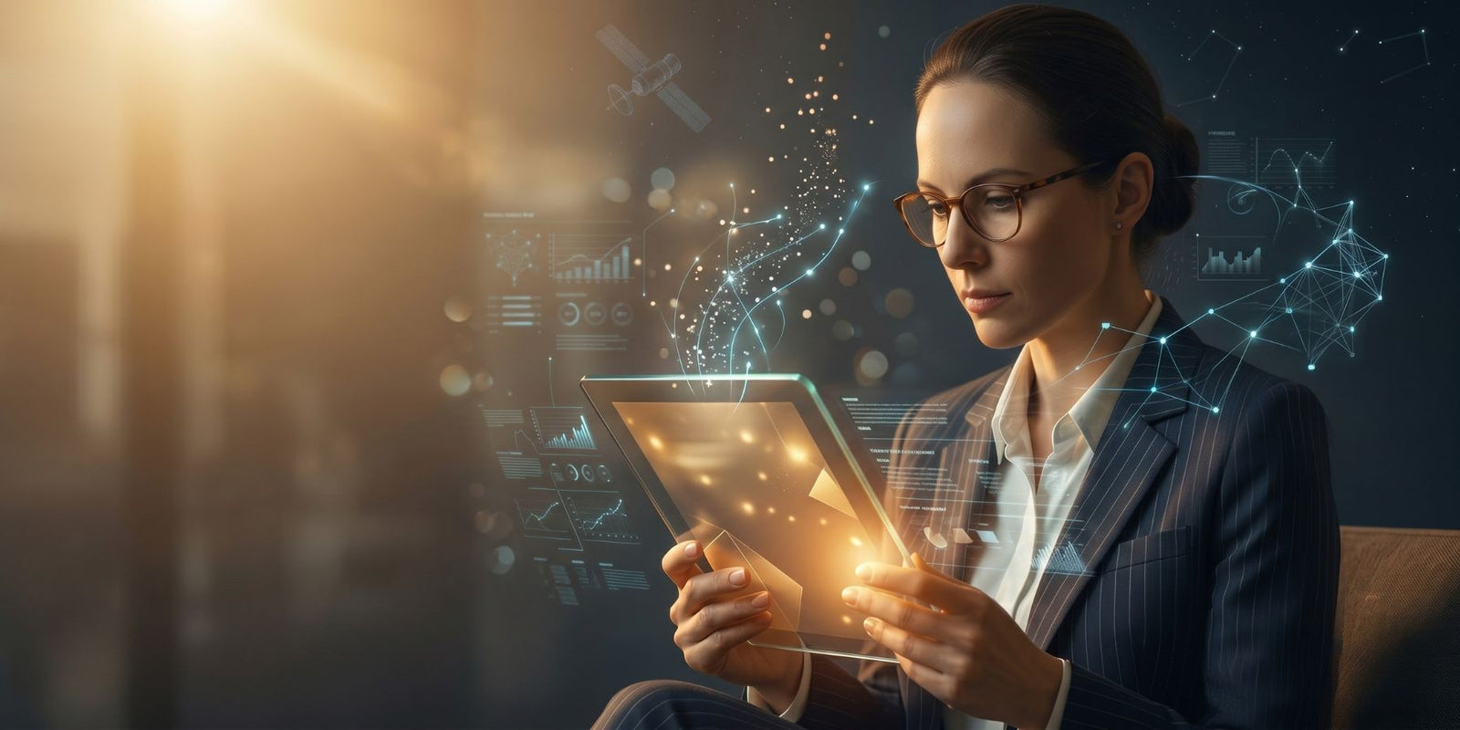 A woman reading from a glass tablet with floating knowledge graphs and warm editorial light — Articles by JFKAISLAY.