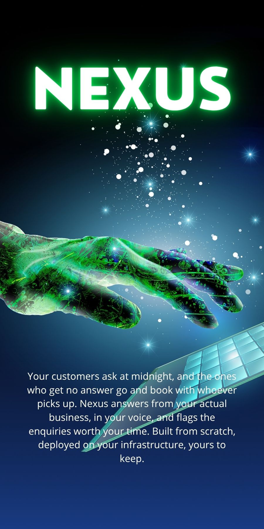 ```
Nexus AI agent industry use cases by JFK Løvlien: real estate, trades, corporate, clinics and retail
```

```
JFK Løvlien's Nexus custom AI agent deployed across fifteen industries, from contractors to large corporate
```