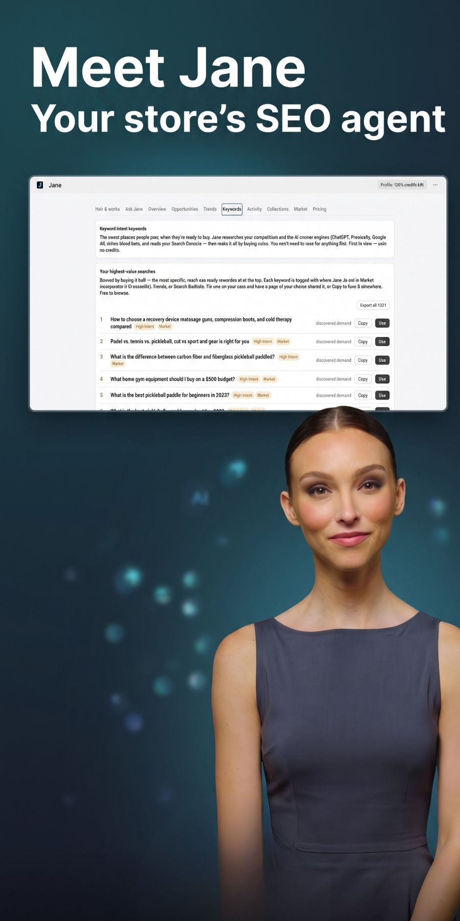 Jane SEO app interface showing keyword intent analysis and one-click product page optimization in Shopify