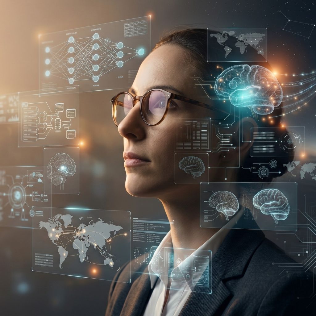 A woman with floating product cards highlighted green or grey — Nexus Sales Scanner checking AI visibility.2026