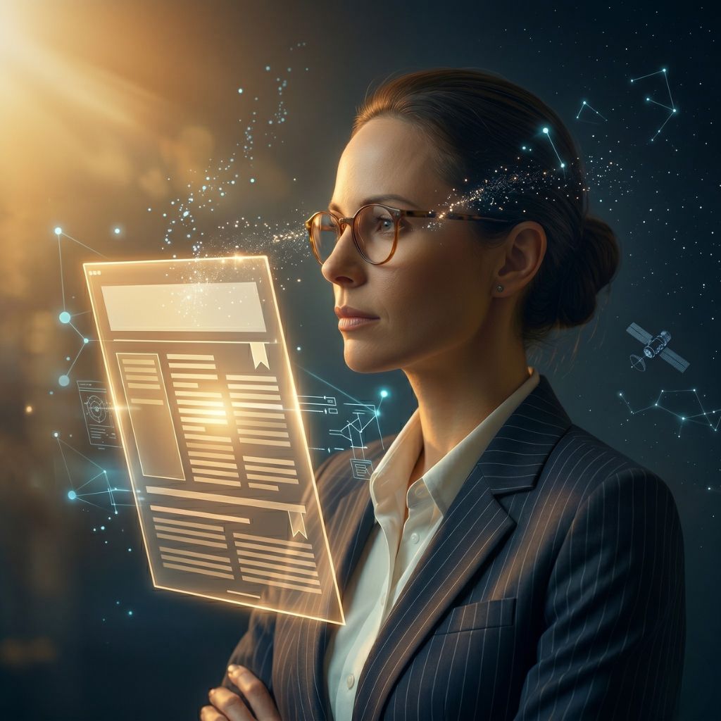 A woman composing as a glowing article document is written in real time — Nexus Blog daily AI posts for Shopify.
