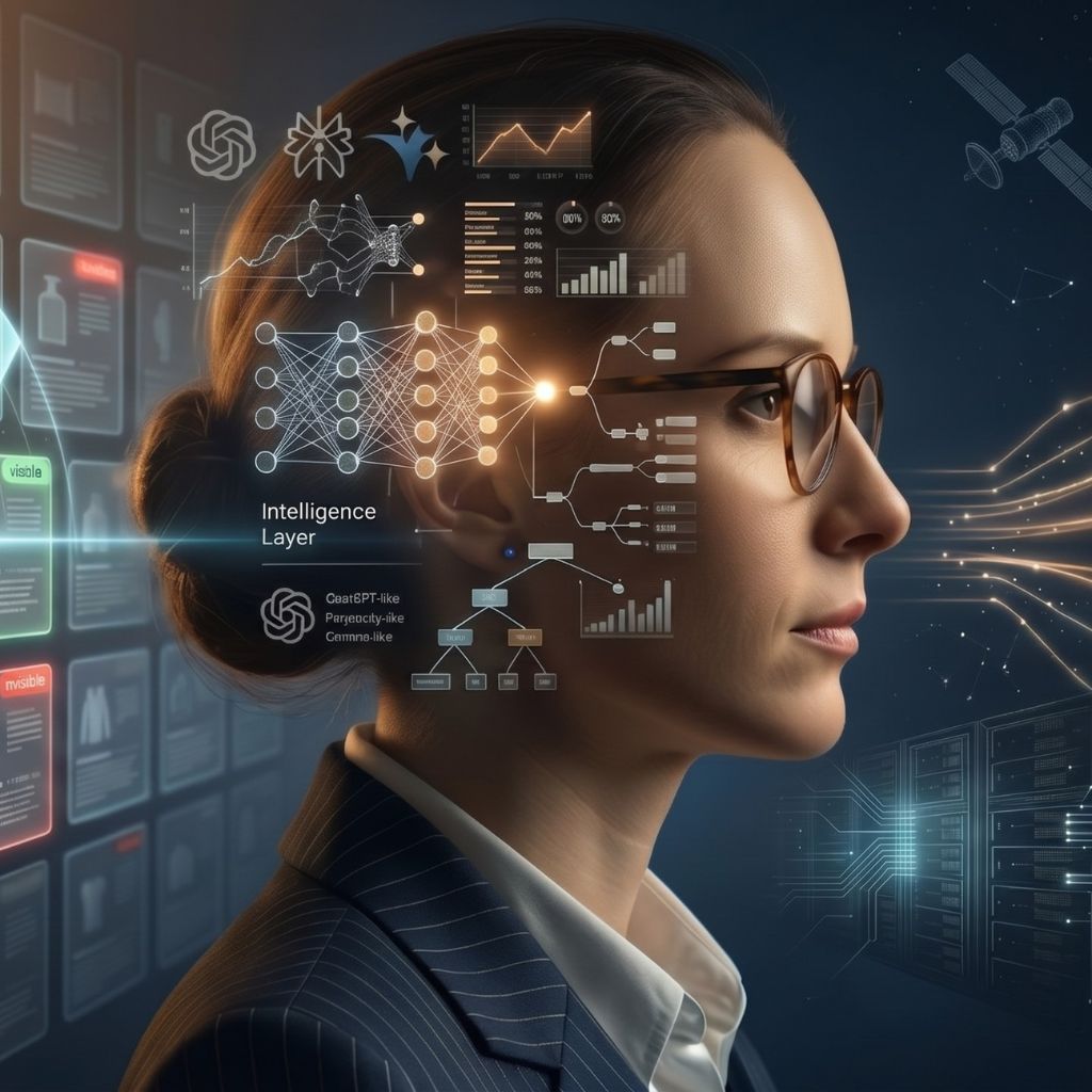 A woman with floating product cards highlighted green or grey — Nexus Sales Scanner checking AI visibility.