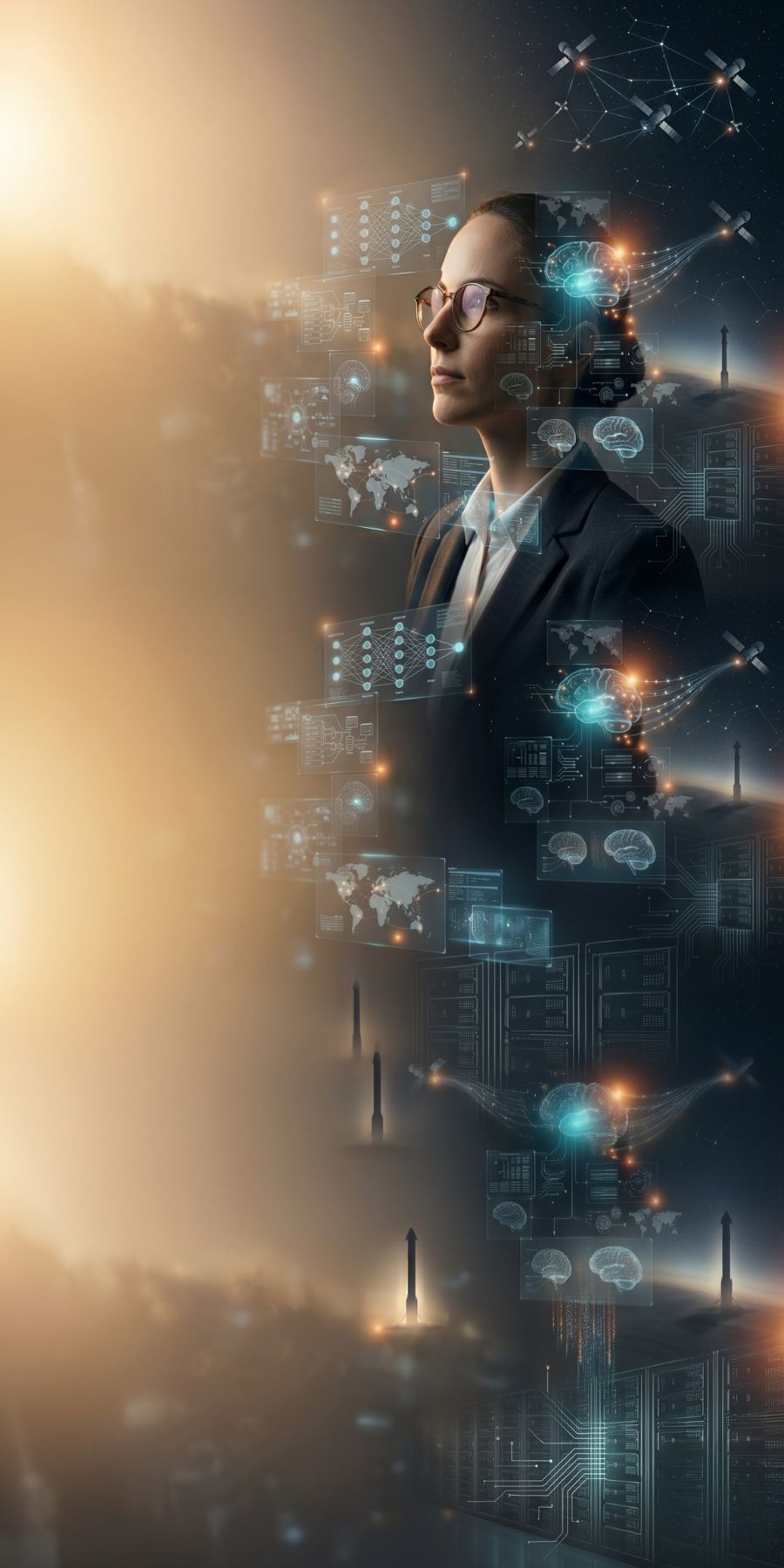 Nexus AI agent — a contemplative figure overlaid with neural networks and orbital computing schematics, illustrating how Nexus runs on Claude AI and SpaceX infrastructure to power custom AI for Shopify businesses by JFKAISLAY.