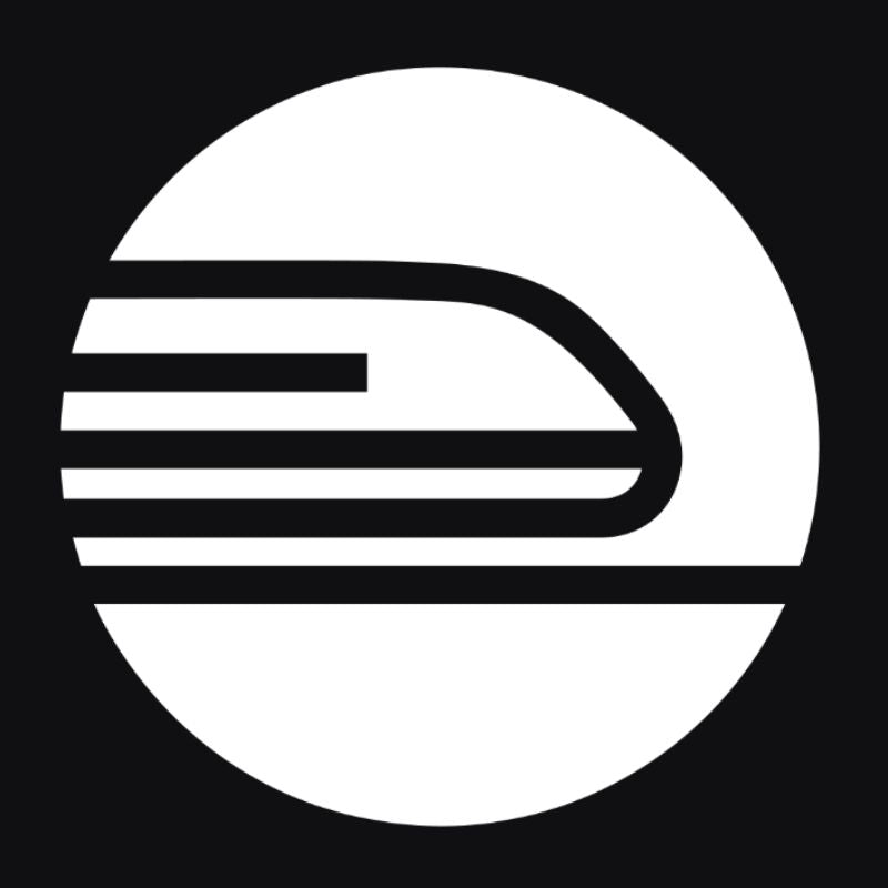 Black and white logo with a circular design on a black background