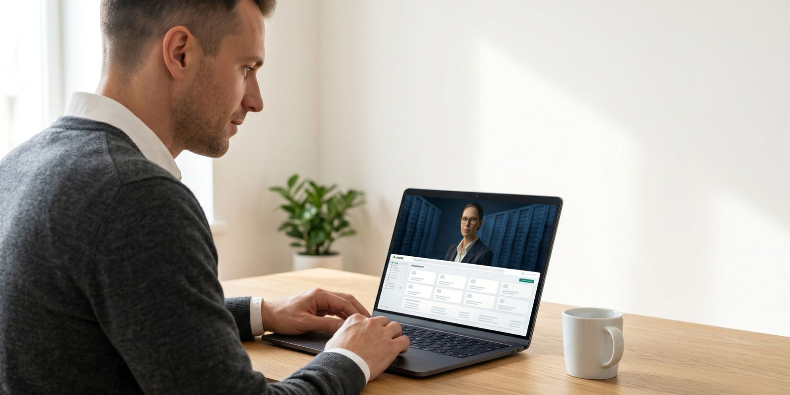 A Shopify owner taking the Nexus Shopify Mastery course on his MacBook in a modern office — by JFKAISLAY.