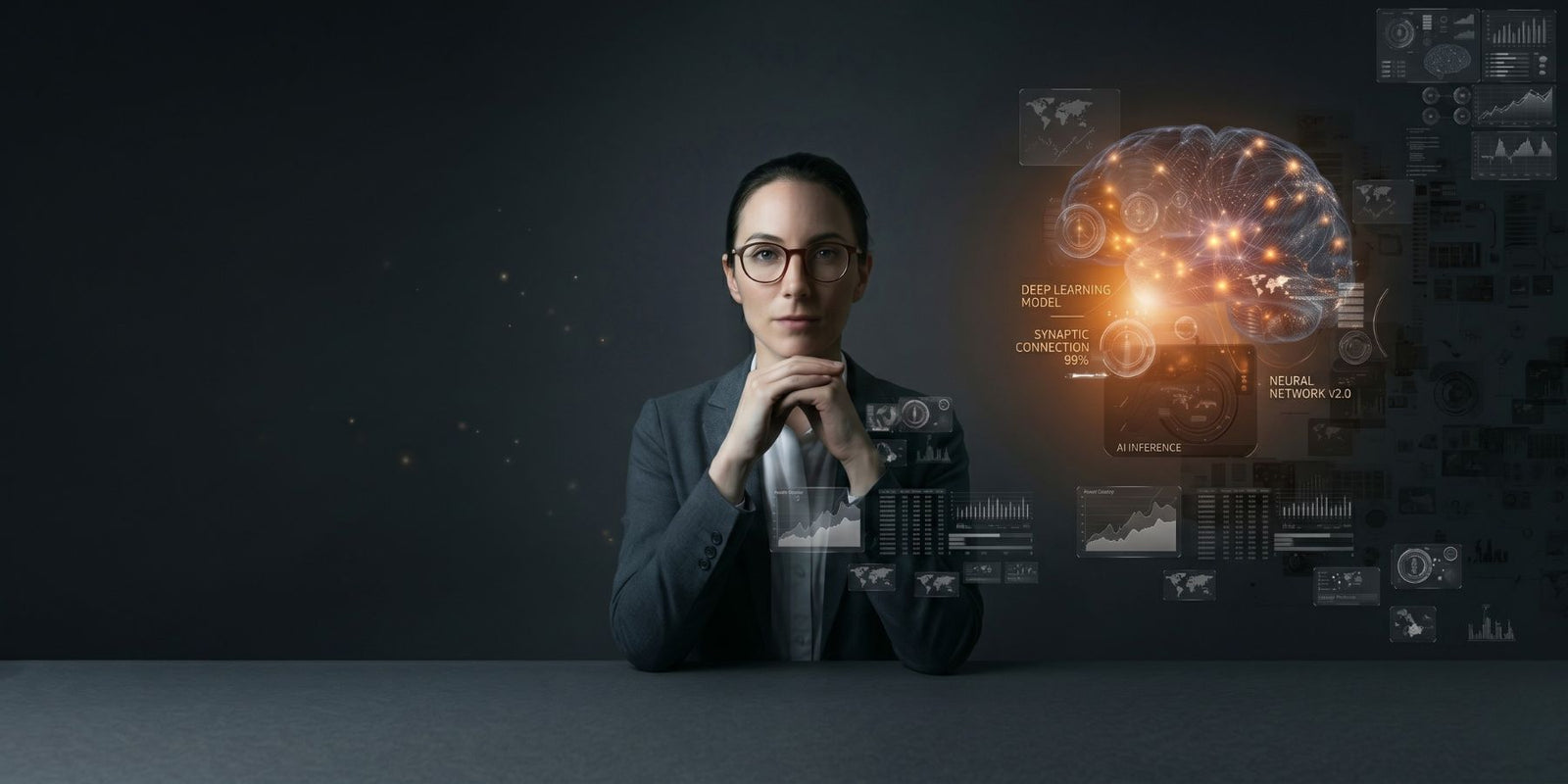 Nexus by JFKAISLAY — a custom AI brand intelligence platform for Shopify stores, visualized as a contemplative figure with neural networks, data schematics, and AI processing diagrams overlaid across her profile.
