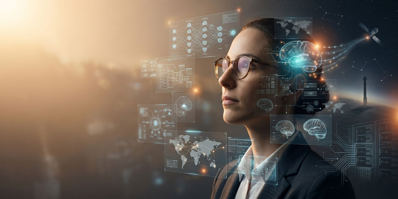 Nexus AI brand intelligence visualized — a contemplative woman with neural network schematics, data flows, and orbital infrastructure references streaming from her cognition, representing the connection between Anthropic's Claude AI and SpaceX's Colossus 1 supercomputer that powers custom Nexus agents for Shopify businesses by JFKAISLAY.