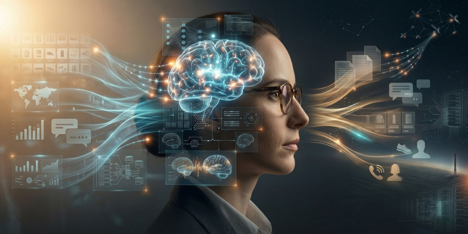 Profile of a woman with data flowing into neural network processing and refined outputs streaming out — how Nexus AI works.